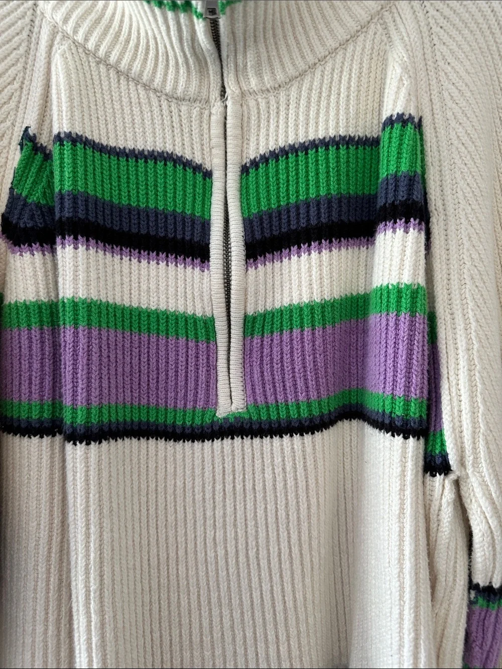 Free People Cream Half-Zip Knit Sweater with Green & Purple Stripes